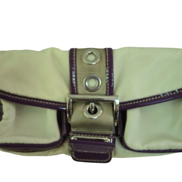 Prada Vintage Tessuto Beige Cloth Rare Purple Patent Leather Trim Crossbody Bag